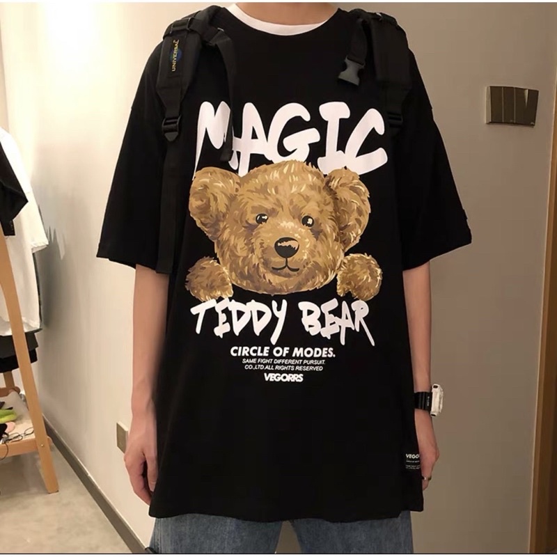 Áo thun unisex nam nữ tay lỡ GẤU MAGIC cotton form rộng, áo phông unisex tay lỡ basic oversize