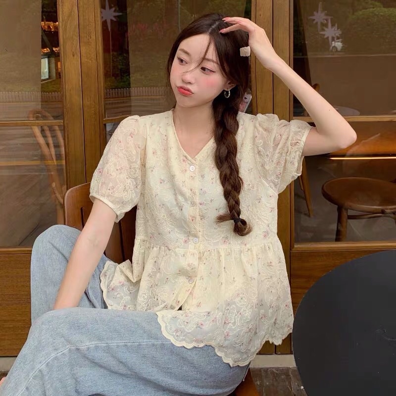 Áo hoa nhí tím vintage Quảng Châu cực xinhZb