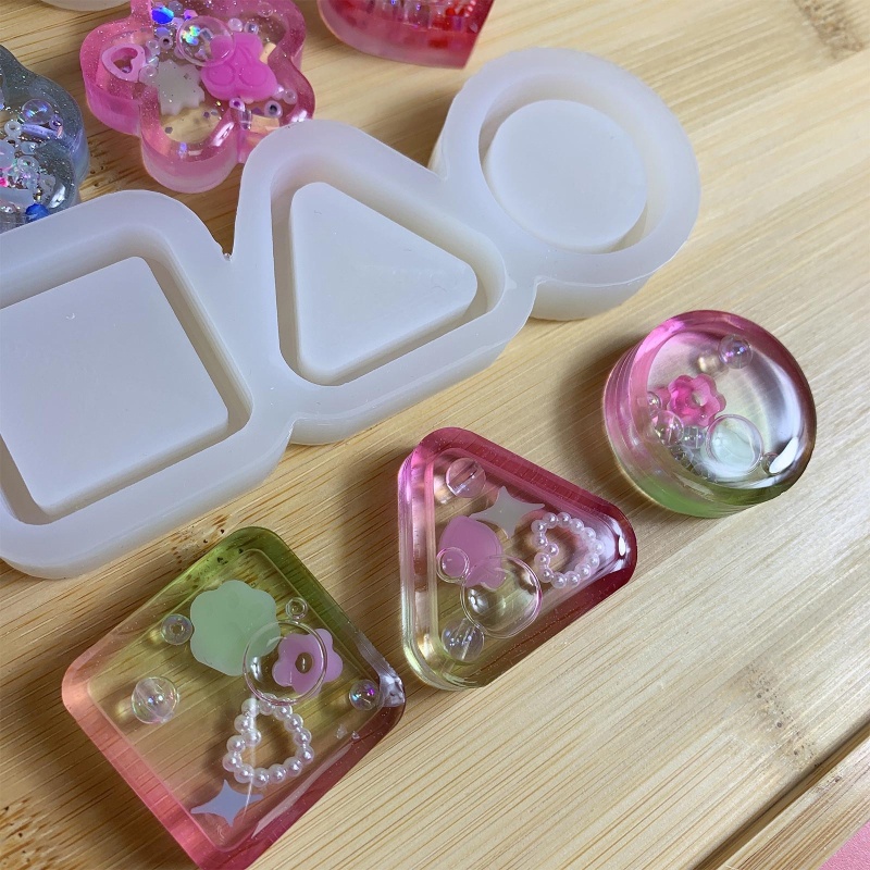 Khuôn Silicone Làm Móc Khóa Hình Tròn / Tam Giác / Ngôi Sao Phối Kim Tuyến Nước DIY