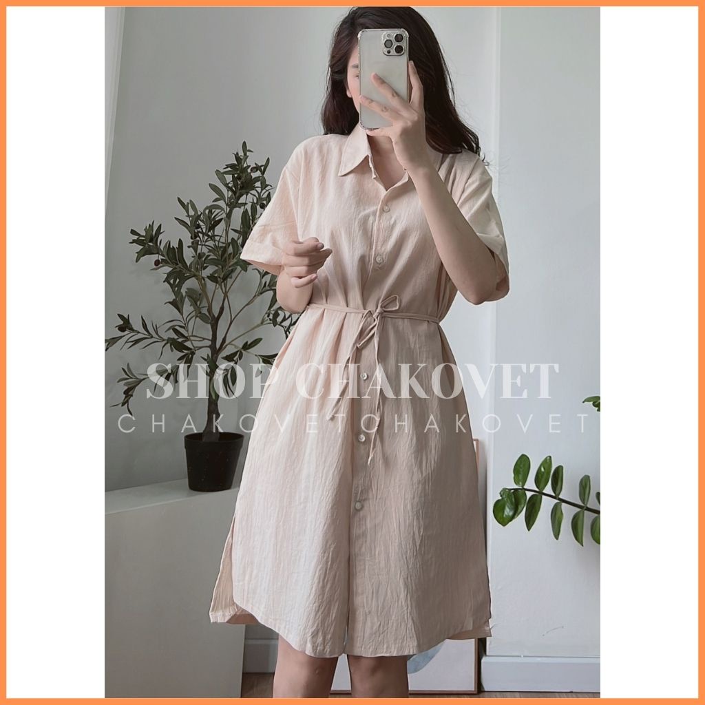 Váy sơ mi dáng dài đi biển V8300, đầm nữ đi chơi dạo phố đẹp sang chảnh vintager thắt eo dáng babydoll bánh bèo-CHAKOVET