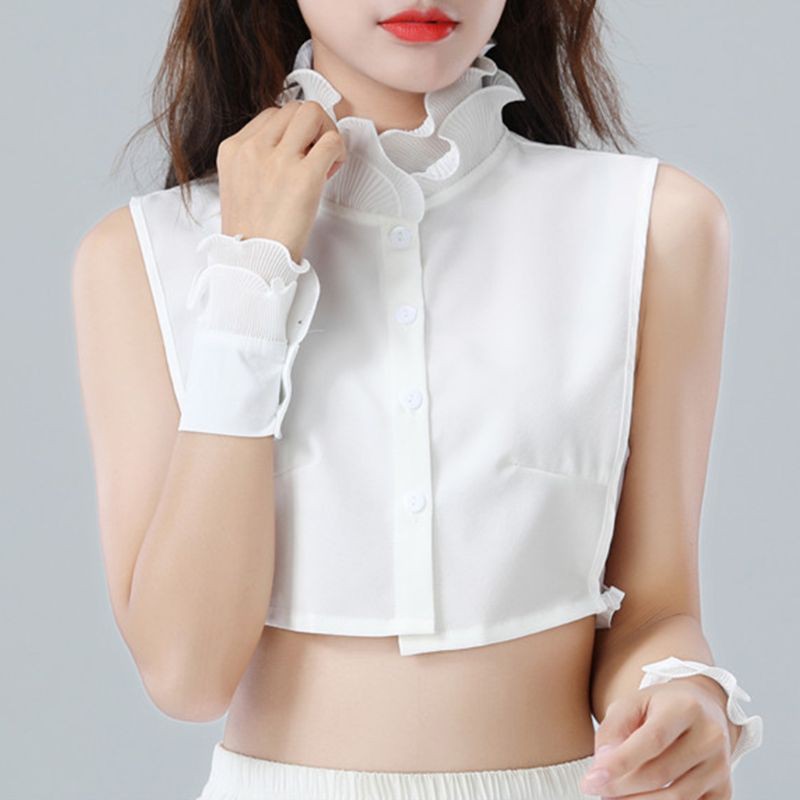 san* Women Sweet Layer Agaric Ruffles Stand False Fake Collar Button Down Half-Shirt