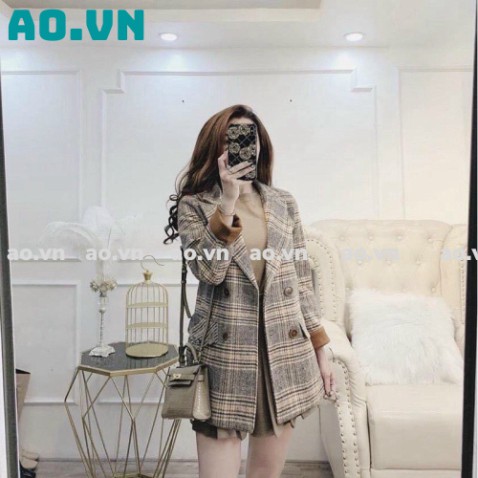 Áo blazer nữ áo vest kẻ khoác ngoài phong cách hàn quốc hàng 2 lớp kaca ao.vn