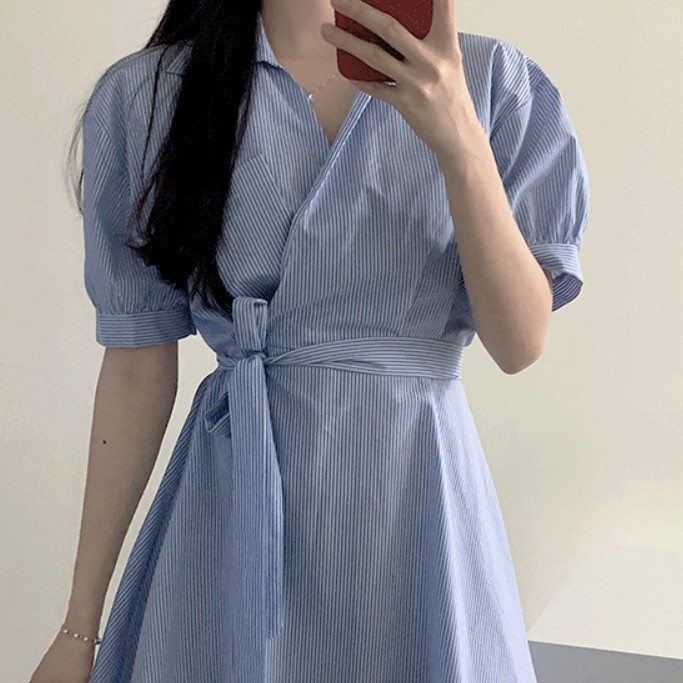 Đầm mini tay phồng cổ chữ V kẻ sọc xanh thời trang 35686