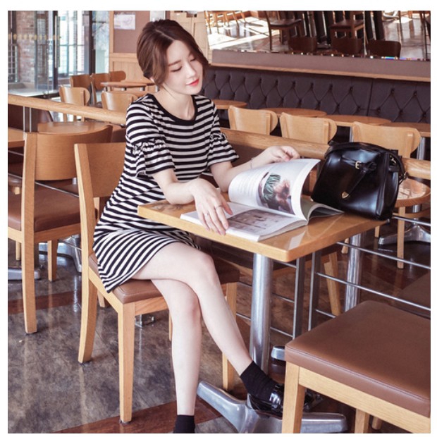 Korean Style Summer Women Clothing Dress O-neck Casual Slim Flare Short Sleeve Striped Midi Pencil Party Dresses