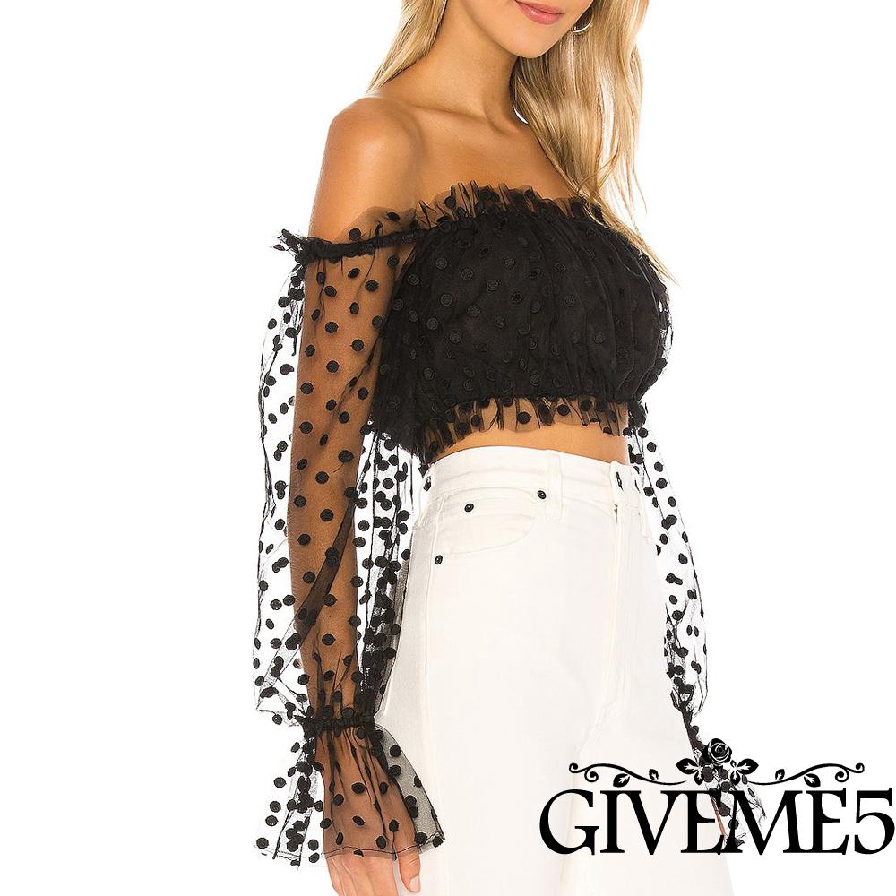 Áo Tay Dài Trễ Vai Hoạ Tiết Chấm Bi Cho Nữ