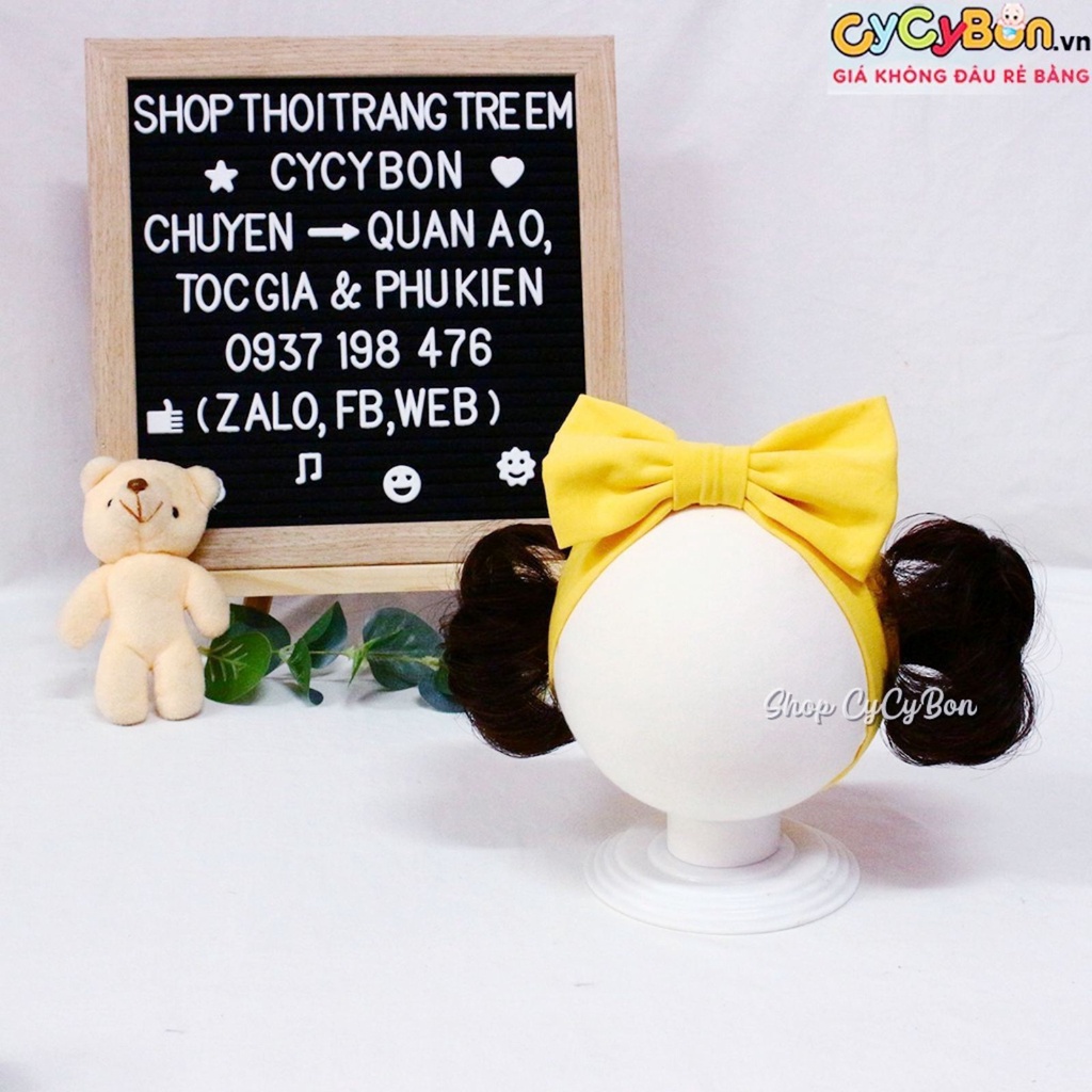 Băng Đô Turban Tóc Giả Cho Bé Gái Thun Cotton Nơ Vàng Kèm Tóc Giả 2 Bên - Có Đủ Size Kể Cả Sơ Sinh !