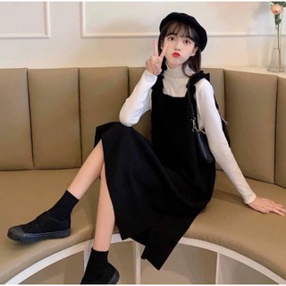 Set váy Yếm Nhung [Freeship] Áo Thun Trắng Cổ Cao Dài Tay Mix Váy yếm Nhung Đen ( ảnh thật trải sàn)