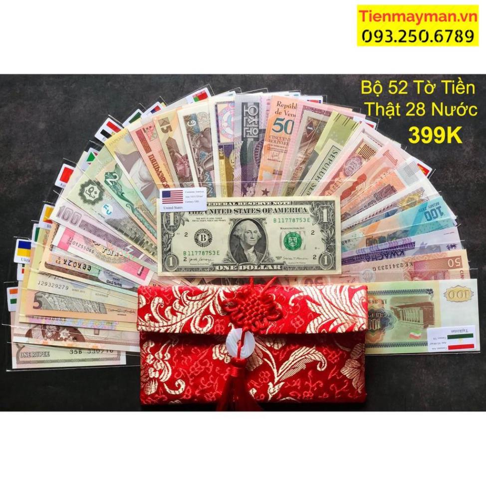 HOT - Bộ 52 Tờ Ti.ền Thật Của 28 Quốc Gia Tặng Kèm Túi Gấm Đỏ