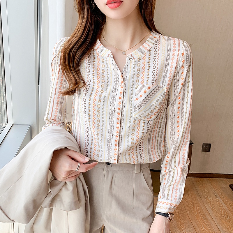 Áo sơ mi chiffon tay dài cổ chữ V in họa tiết phong cách Hàn Quốc cho nữ