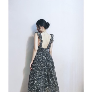 Đầm voan hoa 2 dây tay bèo cột dây