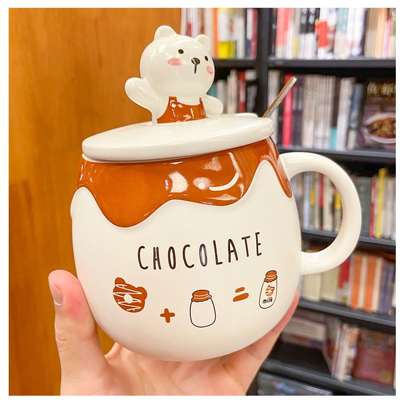 Ly, cốc sứ CHOCOLATE nắp sứ hình gấu nổi siêu kute