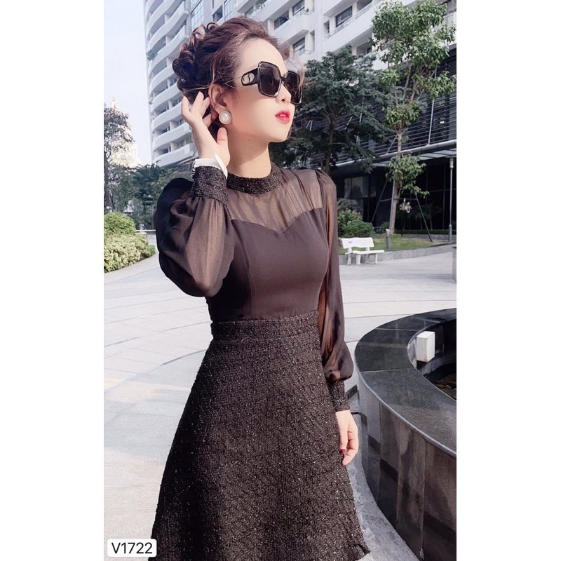 Đầm nữ [Đẹp DVC]  Váy đen xòe chất dạ áo lưới tay dài cổ tròn V1722