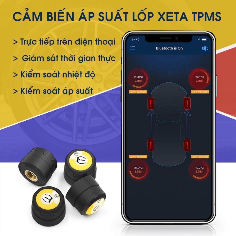 Cảm biến áp suất lốp van ngoài kết nối điện thoại và tích hợp màn androi