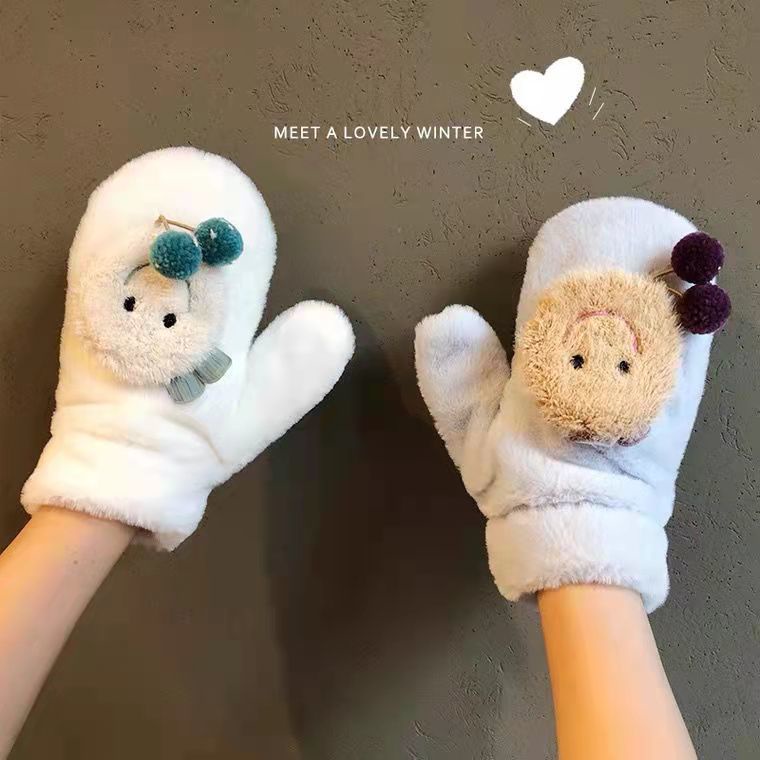 Găng tay đi xe máy cổ bằng vải bông dày ấm áp mùa đông họa tiết hoạt hình xinh xắn cho nữ sinh