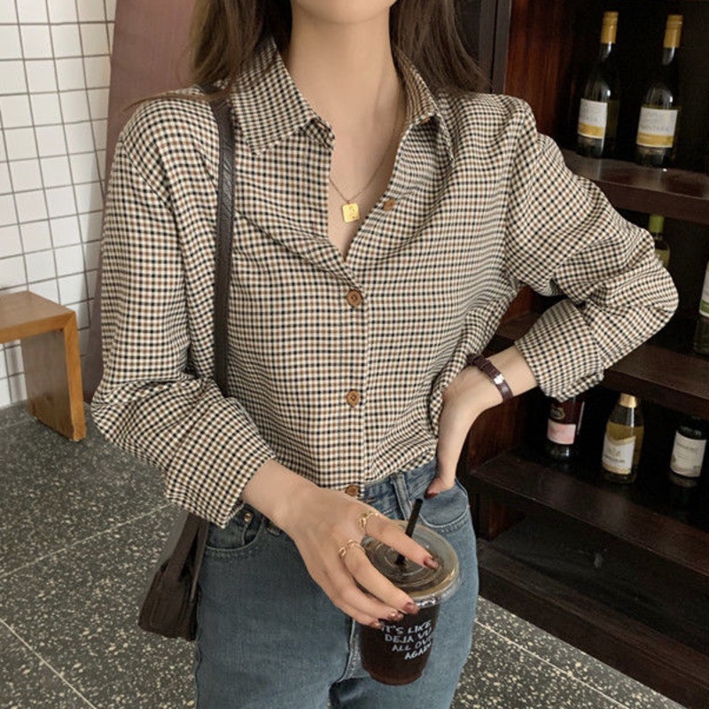 Áo sơ mi RENJIANVSHENG 164210 tay dài xếp nếp phong cách Hong Kong retro thời trang
