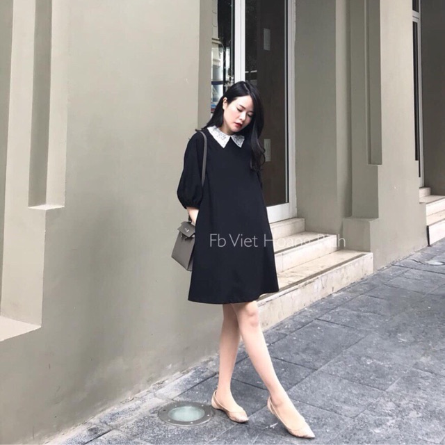 Váy suông tay lỡ phối cổ ren đính ngọc