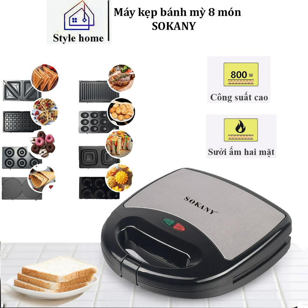 Máy kẹp nướng bánh mì SOKANY công suất lớn 800W, 8 khuôn nướng chống dính cao cấp, hệ thống đèn báo thông minh