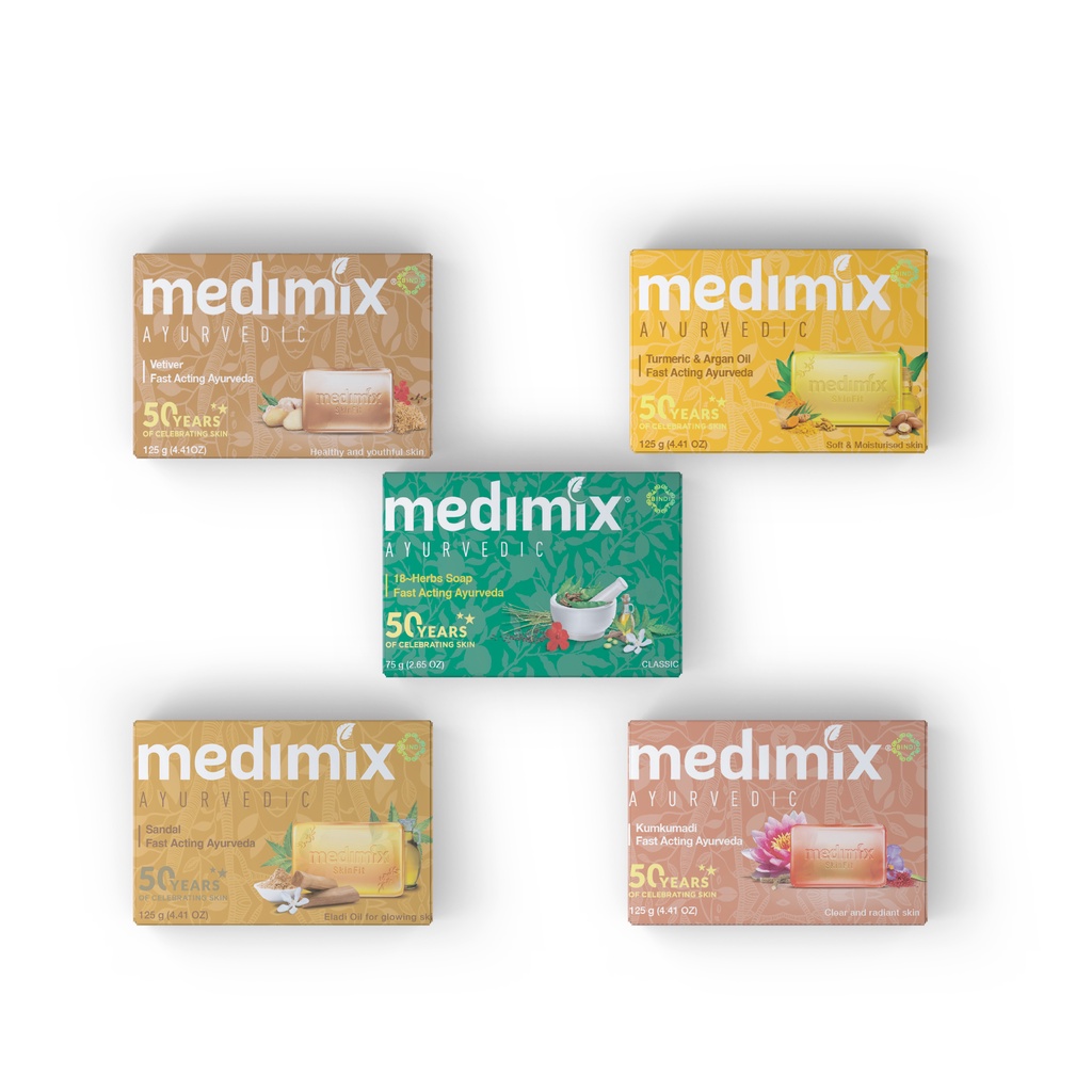  Combo Xà phòng Medimix 18 Loại Thảo Dược - Nghệ Và Dầu Argan - Đàn Hương - Kumkumadi Nghệ Tây - Cỏ Hương Bài 125g bánh 