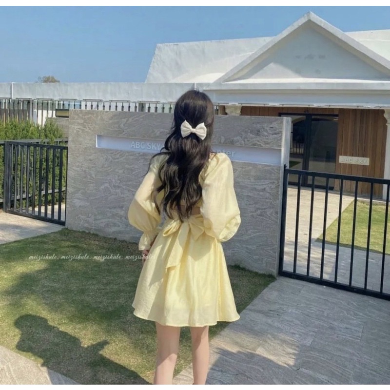 ĐẦM CỔ VUÔNG THẮT NƠ LƯNG TAY BO LOE 2M