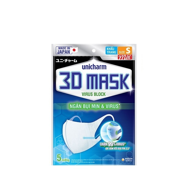 [GIFT HB] [MỚI] Khẩu trang ngăn vi khuẩn Unicharm 3D Mask Virus Block size S gói 5 cái