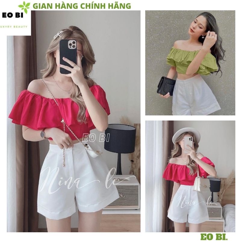 Sét áo trễ vai tay bồng croptop kèm quần short vải mầu trắng cạp cao kiểu dáng hàn quốc ulzzang tiểu thư dễ thương
