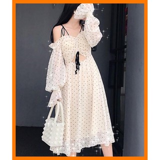 ♥️Đầm,Váy chấm bi cắt eoFzsize dưới 50kg Maxi đi biển