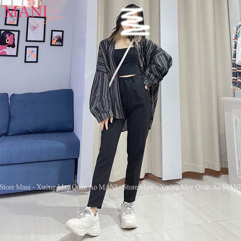 Quần tây baggy nữ cạp cao ống suông dáng đứng màu xanh đen vải mưa dày dặn mặc đi học sinh cấp 2 3 làm công sở