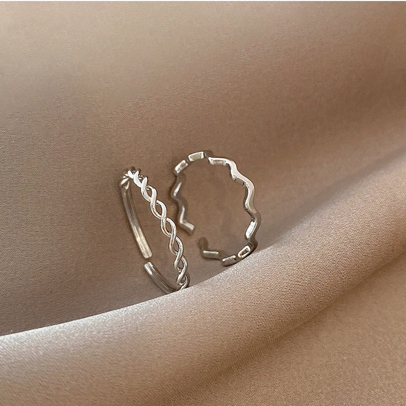 Set 2 Nhẫn Bạc Dạng Hở Gợn Sóng Đơn Giản Điều Chỉnh Được Thời Trang Cho Nữ