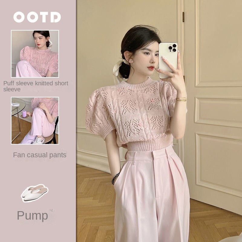 Áo Thun Tay Ngắn Phồng Cổ Tròn Thắt Nơ Phong Cách Hàn Quốc Thời Trang Mùa Hè Cho Nữ
