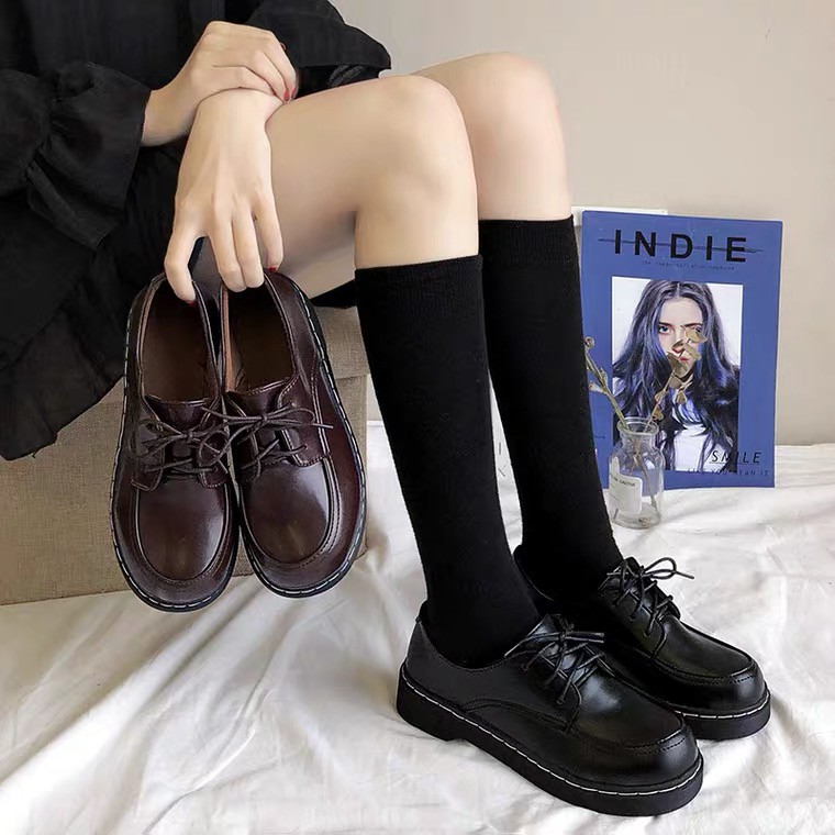 M56 Giày Ulzzang buộc dây da mềm phong cách Hàn Quốc thu đông