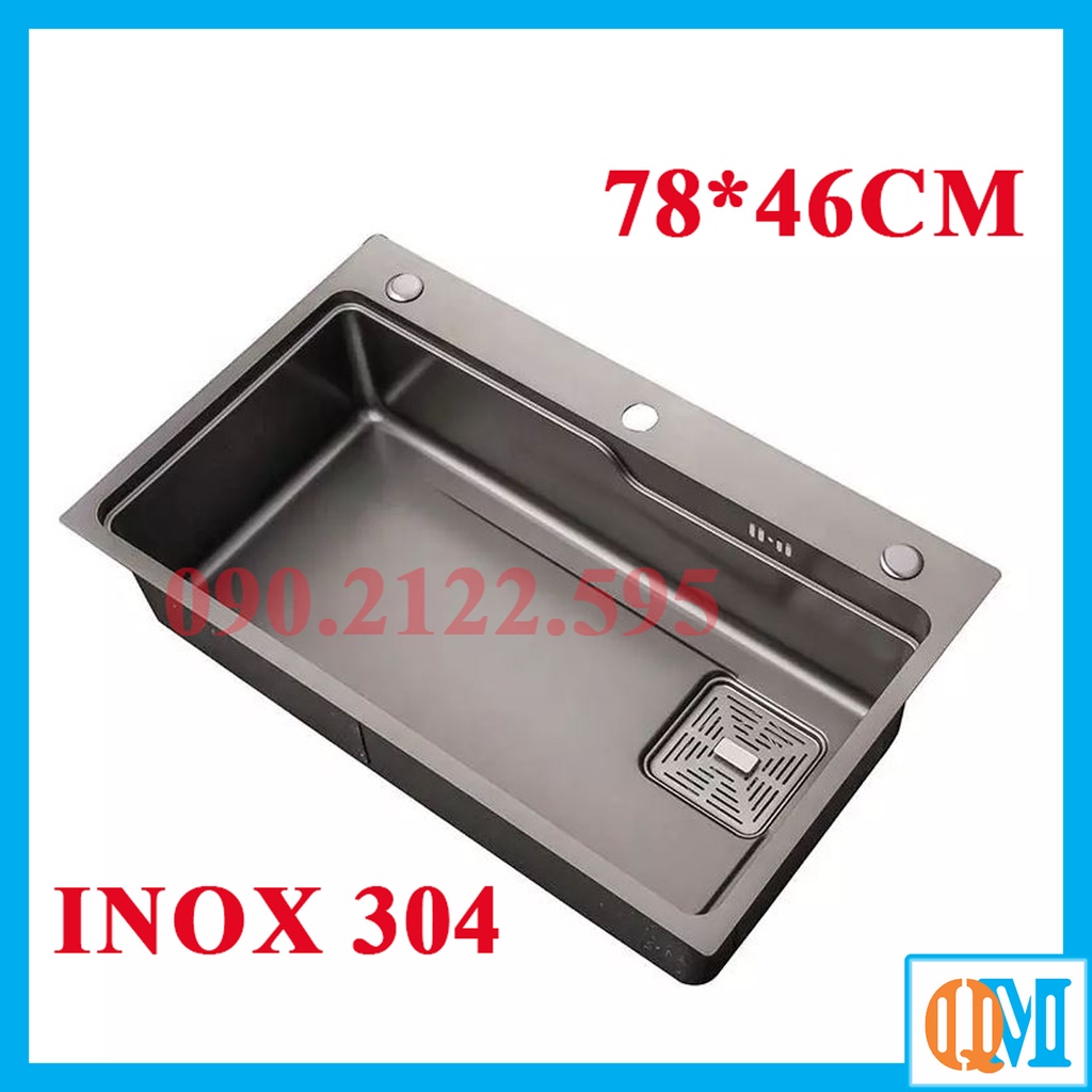 Bộ Chậu rửa chén bát INOX 304 cao cấp 1 hố cỡ 75x46cm, công nghệ NANO GHI ĐEN chống trày xước, dễ vệ sinh - QM.CR003