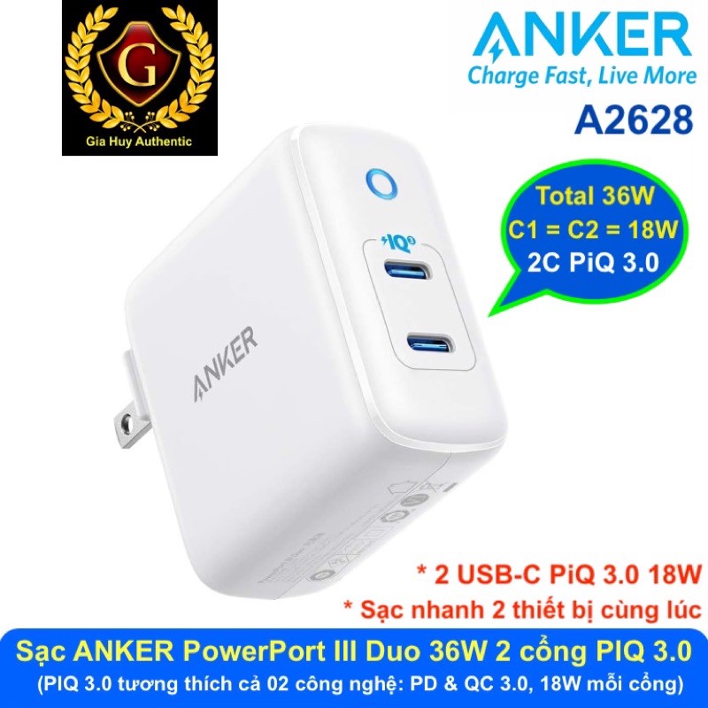 Củ sạc nhanh iPhone, iPad ANKER PowerPort III Duo 36W - 02 cổng PIQ 3.0 - A2628