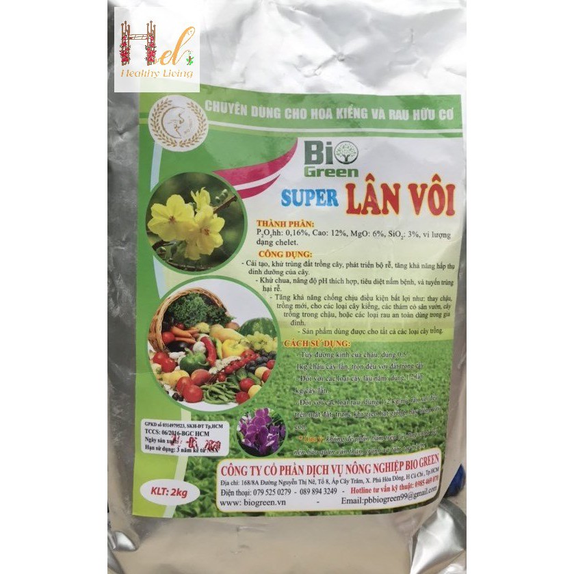 Super Lân Vôi, Tinh Vôi BIO GREEN khử trùng đất, trộn giá thể, khử chua, hạ phèn, giảm mặn 2kg