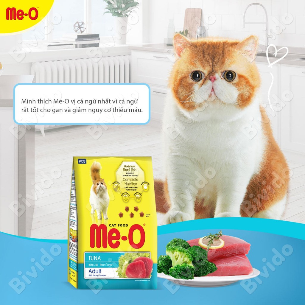 Thức ăn mèo lớn Me-O Adult vị cá thu, cá ngừ, hải sản túi 350g - Bivido