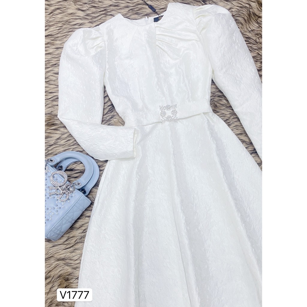 Váy trắng ngà  xòe cao cấp thiết kế V1777 - Đẹp Shop DVC - Kèm ảnh thật trải sàn do shop tự chụp