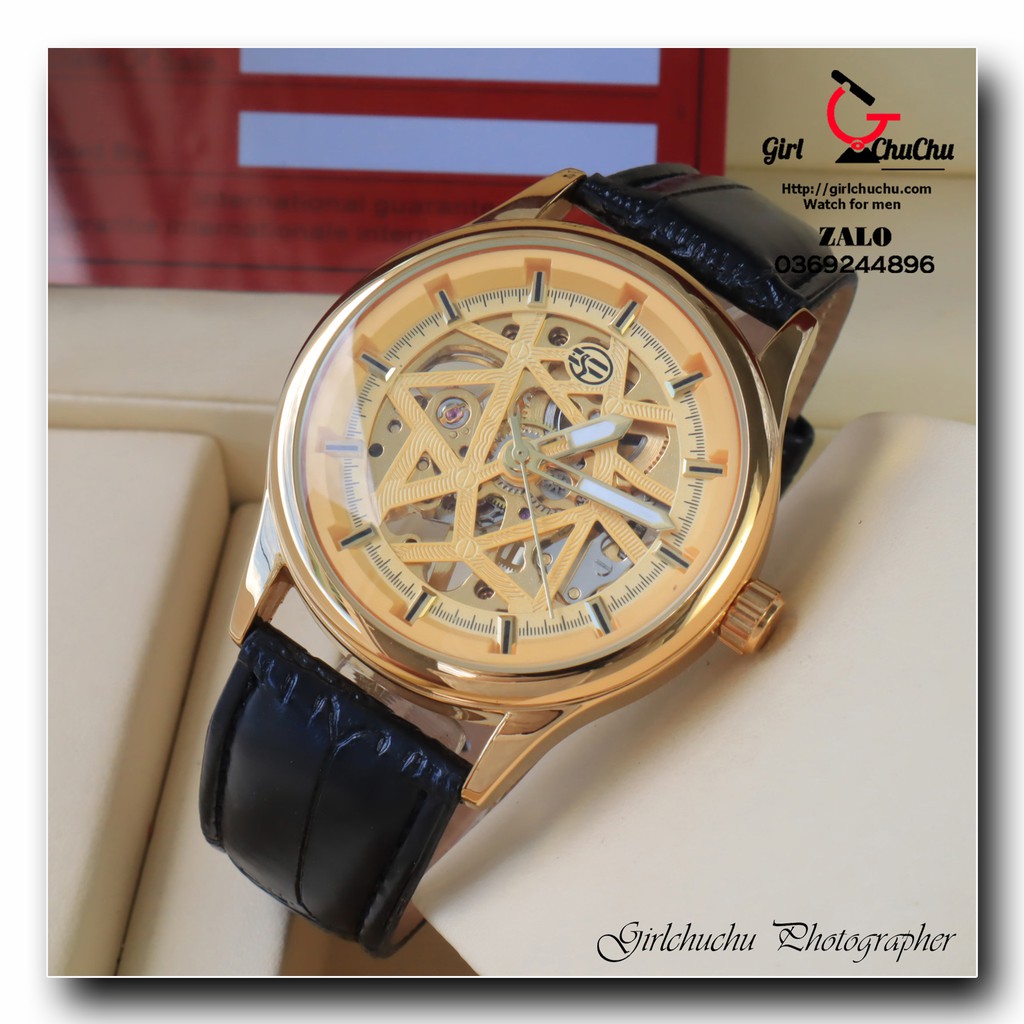 Đồng hồ nam Forsining cơ lộ máy với thiết kế vàng gold sang trọng, đẳng cấp, dây da đen mang cực ôm tay
