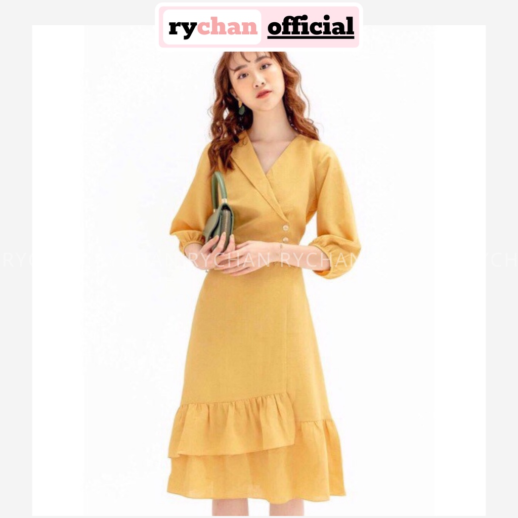 DX175 - Đầm Xòe Vàng Đắp Chéo Tay Phồng Đuôi Bèo
