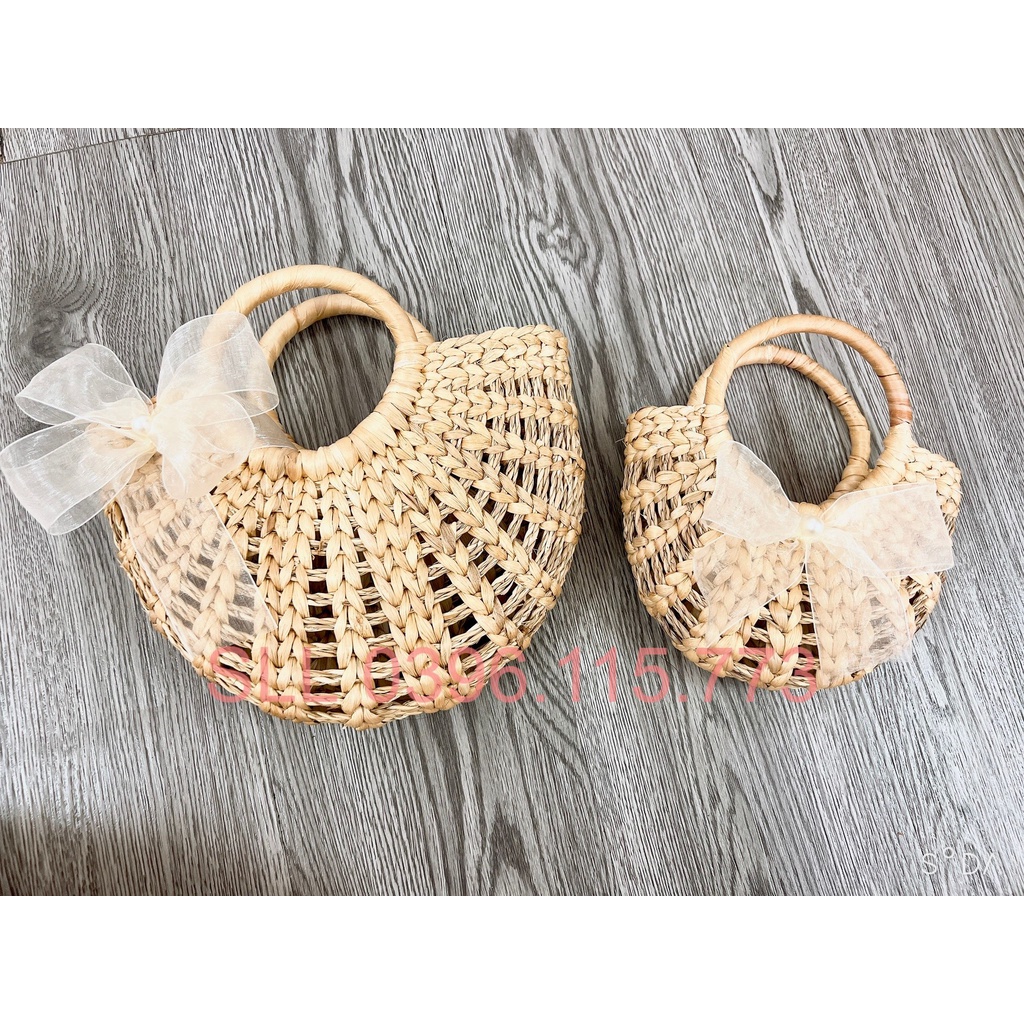 Cặp túi mẹ và bé_Túi Cói Kiểu Rẻ Quạt _Túi Đi Biển Phong Cách Vintage_Túi Cói Bán Nguyệt!!