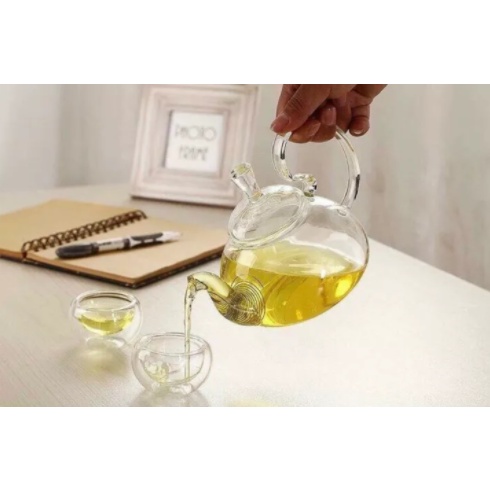 Ấm trà thủy tinh chịu nhiệt quai vồng 600ml, ấm thủy tinh pha trà hoa cúc
