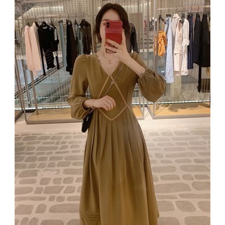 Váy cổ V dài tay thon eo xòe dài xếp ly sang trọng kiểu Pháp