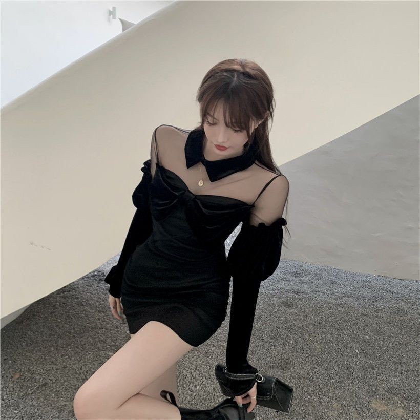 Đầm Nhung Đen Tay Dài Cổ Vuông Dáng Ôm Thời Trang Quyến Rũ Cho Nữ