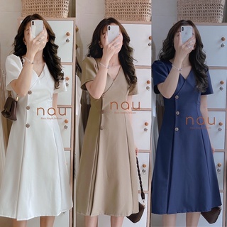 Đầm cổ V nút gỗ tà đắp chéo dây cột eo