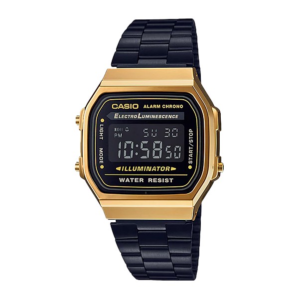 ĐỒNG HỒ CASIO ĐIỆN TỬ A168 GOLD BLACK NAM NỮ DÂY KIM LOẠI KHÔNG GỈ CHỐNG NƯỚC