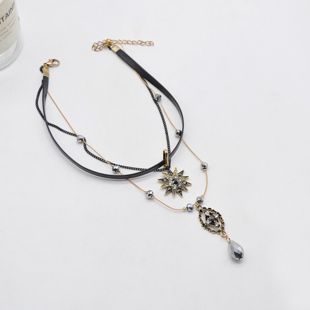 Vòng cổ bằng da CHOKER khí chất nữ thần Retro bảoque gothic pha lê nhiêu lớp khoe xương quai xanh