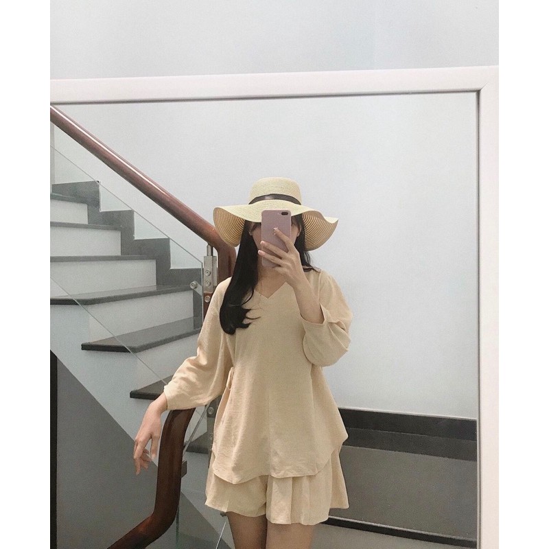 SET ĐŨI NHĂN CỘT NƠ EO MIX SOOC VÁY XẾP LY