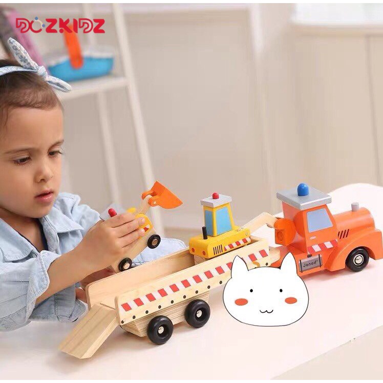 Đồ chơi ô tô công trường bé trai 1 tuổi trở lên, 1 bộ 3 xe gỗ tự nhiên cao cấp - DOZKIDZ