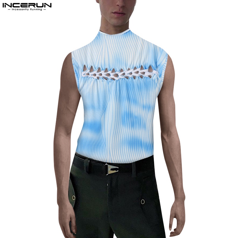 Áo ba lỗ INCERUN sát nách cột dây in họa tiết màu nhuộm loang thời trang cho nam