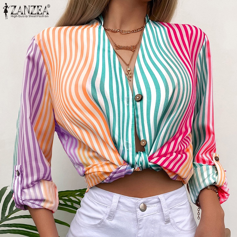 Áo sơ mi ZANZEA tay dài cổ đứng cài nút họa tiết sọc thời trang Âu Mỹ cho nữ