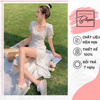 Đầm nữ trắng chấm bi Blapink váy chấm bi dài dự tiệc chất lụa xẻ tà tay phồng tôn dáng D01