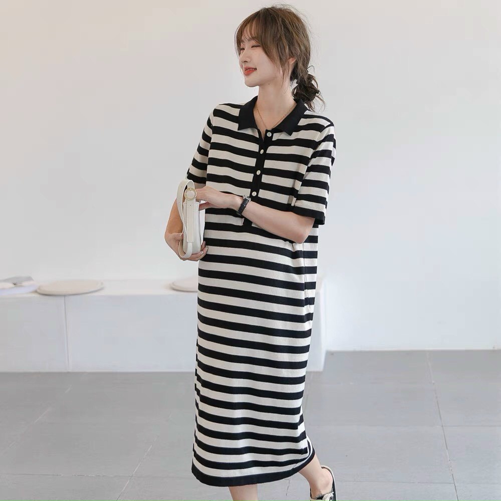 Váy Bầu Đầm Bầu Thiết Kế Kẻ Ngang,Cổ Sơ Mi, Dáng Suông Dài Thời Trang Xinh Xắn Lịch Sự A115 Lin Store66